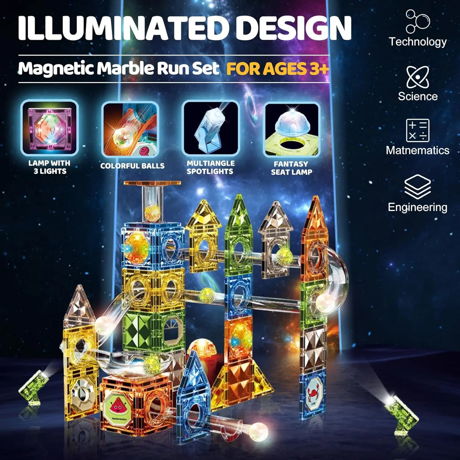 The Magnetic Marble Run Building Blocks Set is a colorful STEM toy designed for ages 3 and up, featuring illuminated geometric pieces for creative learning in technology, science, mathematics, and engineering.