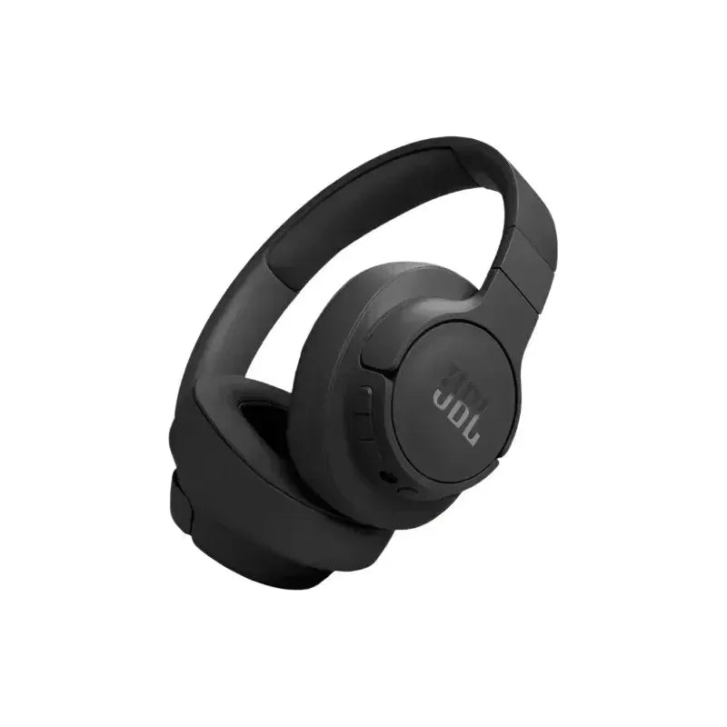 The JBL T770NC Bluetooth Headphones in black feature a sleek design with a branded logo, advanced noise cancellation for immersive sound, cushioned headband, and matte finish ear cups for comfort. The slight angle enhances fit, while offering 70 hours of playtime.