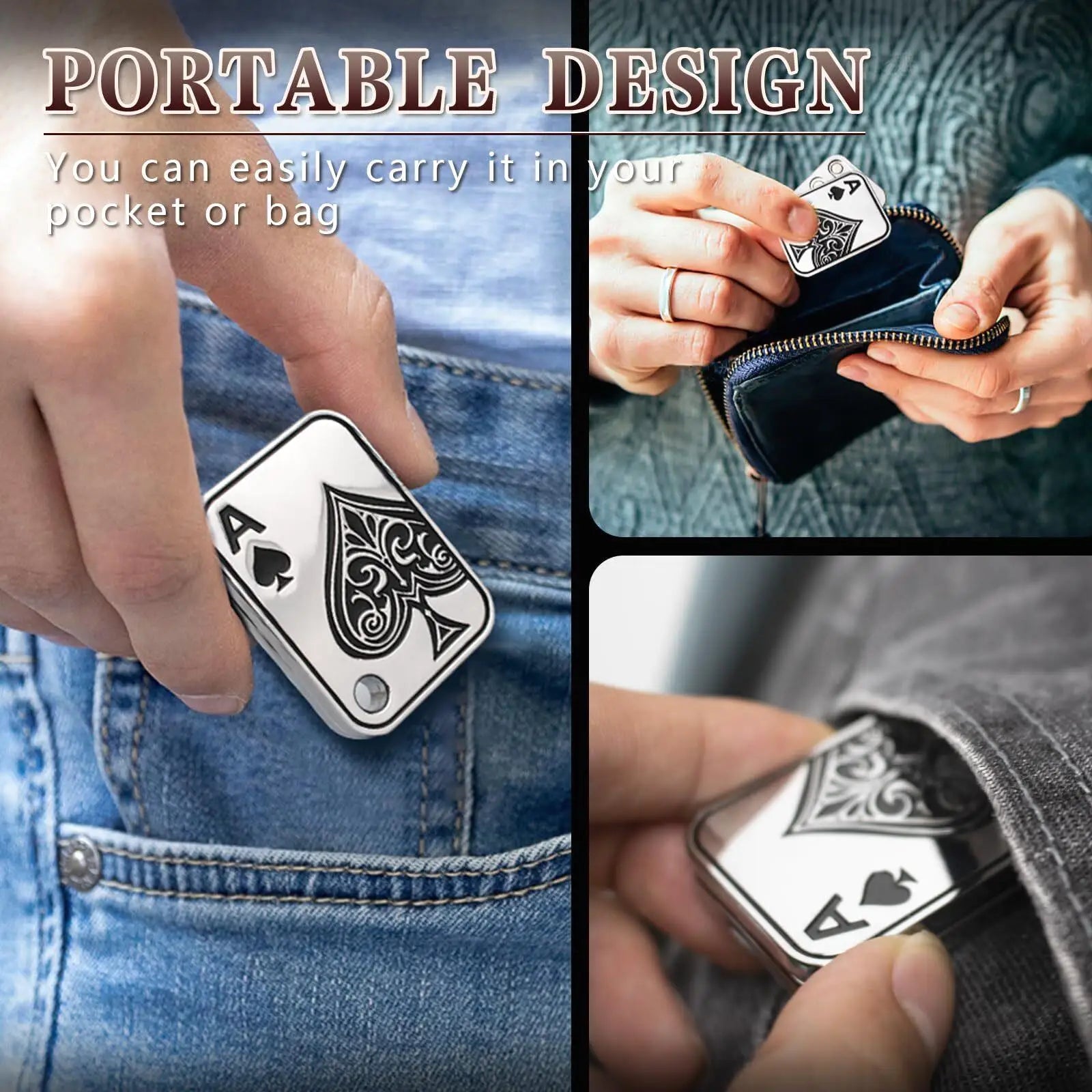 A person slips the EDC Metal Fidget Slider Magnetic Poker Push Card into a pocket, handbag, and jeans. Its magnetic design ensures easy portability for stress relief anywhere. Text reads: Portable Design.