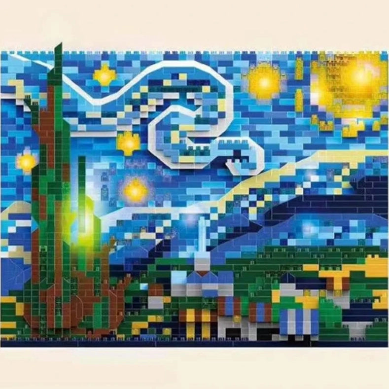 Recreate Van Gogh’s The Starry Night and The Great Wave of Kanagawa with Creative Art Micro Building Blocks Educational Toys—featuring iconic details in a fun, educational mosaic for kids.