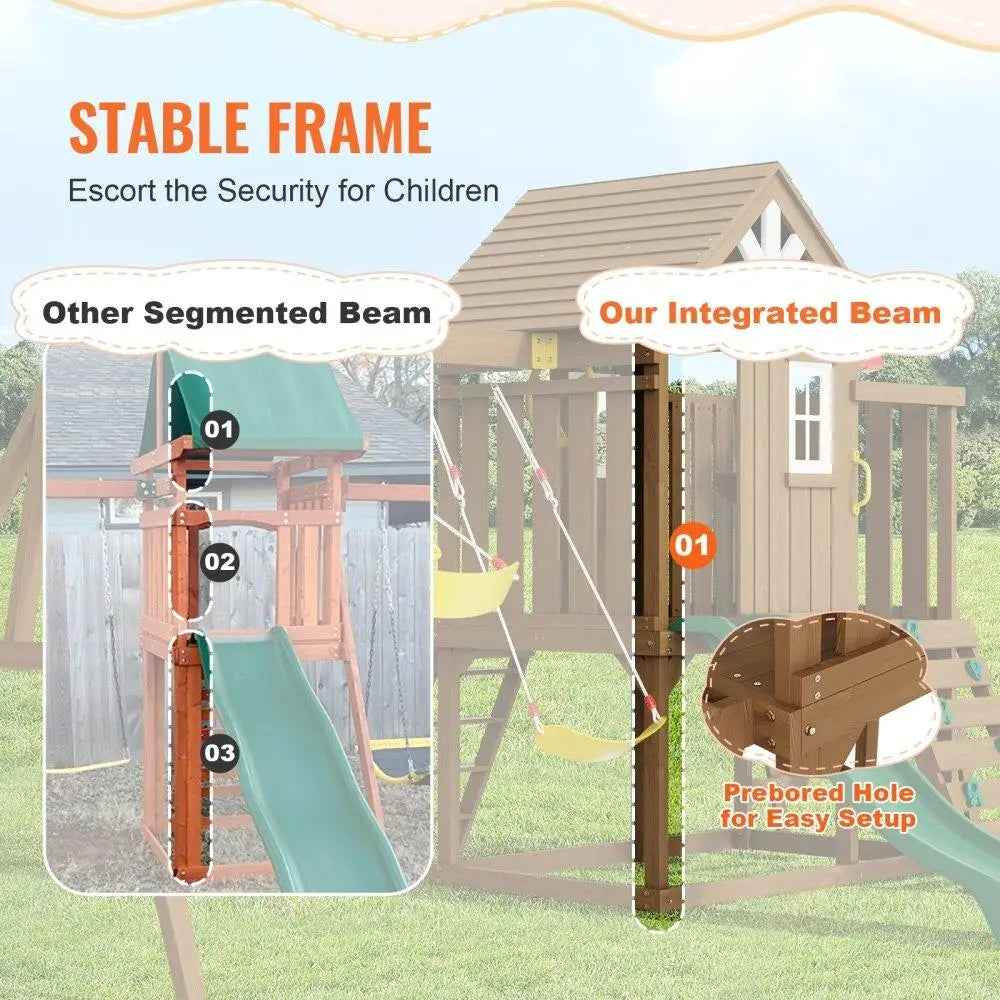Comparison graphic of the Wooden Swing Set 9 IN 1 Outdoor Playground Sets 6 FT Slide Upper Fort shows Other Segmented Beam (multi-piece, Mainland China) vs. Our Integrated Beam (single unit, pre-bored hole), highlighting stability and child safety.
