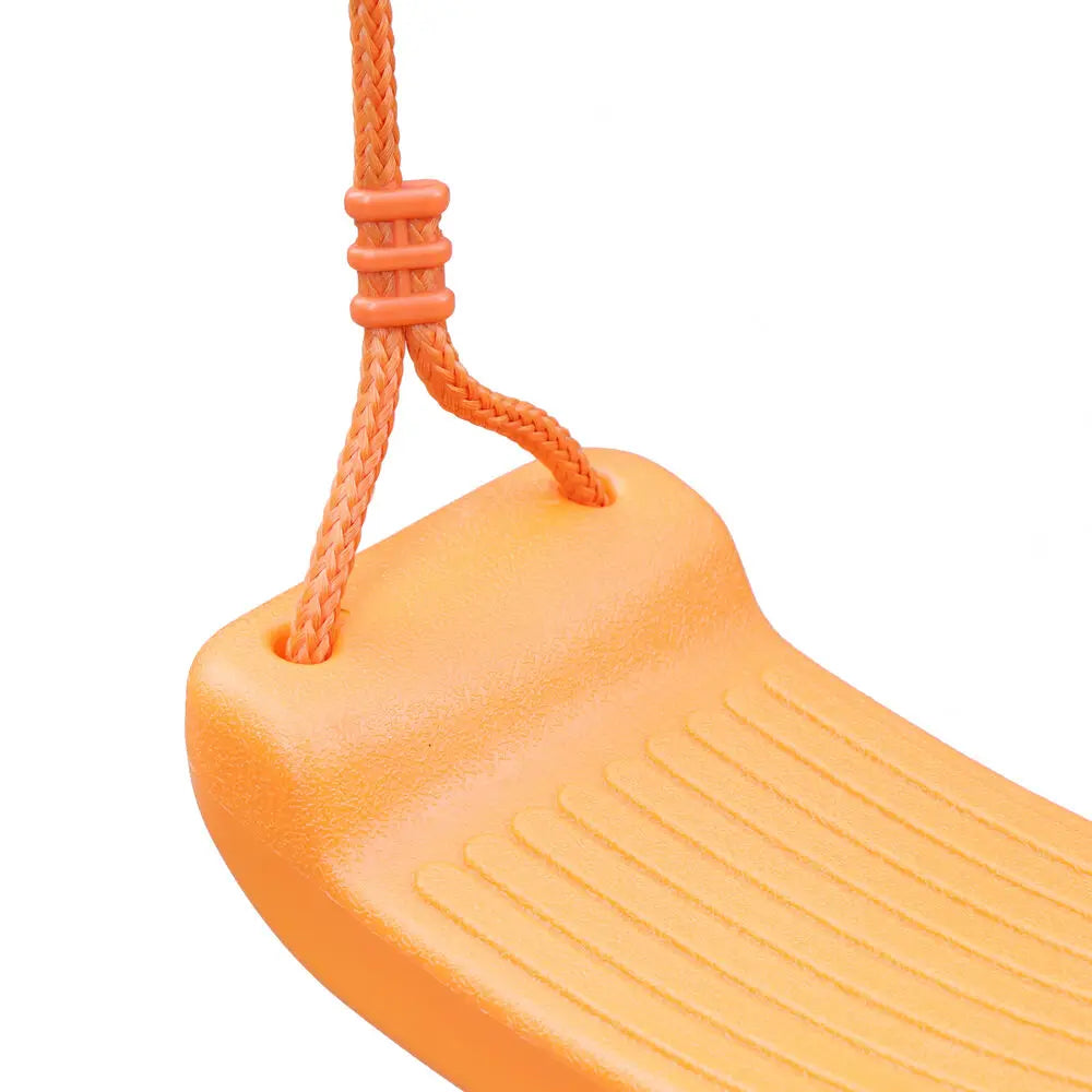 Close-up of the Durable Double Swing Set Garden Swing with 1 Seesaw Set for Children—an orange seat with textured grooves and sturdy rope, perfect for play tents or kids tents to enhance backyard fun.