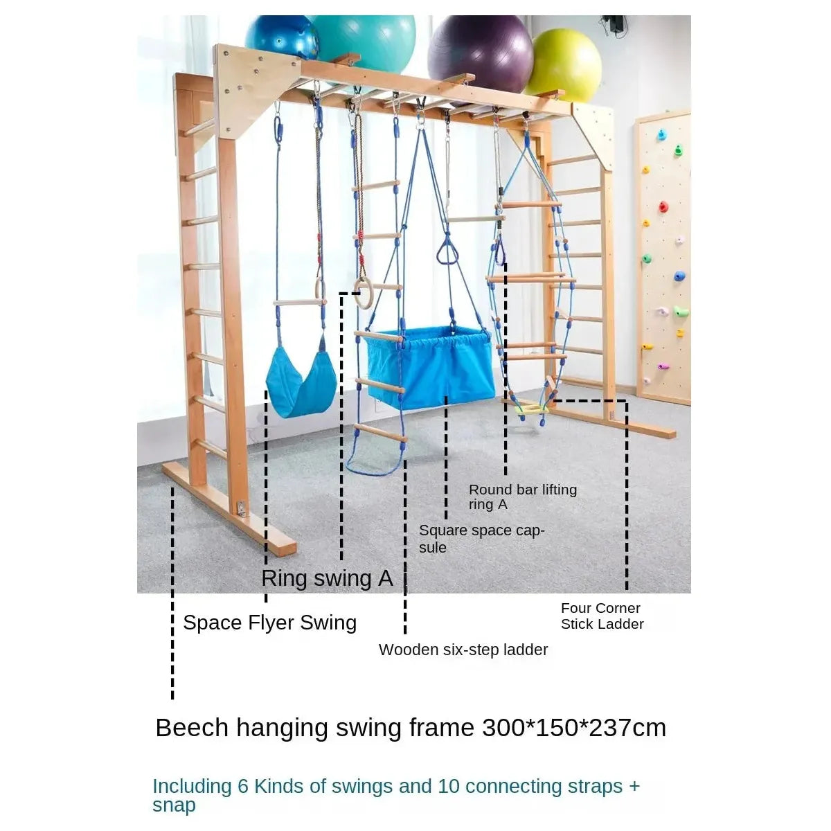 The Indoor Sensory Fitness Ladder for Kids includes a wooden frame with multiple swings: rope, ring, and fabric swings. Its ideal for sensory integration training and complemented by a childrens climbing apparatus in the background, with text labels for swing types and frame dimensions.