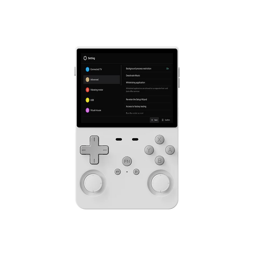 The L35 Retro Handheld Open Source Emulator, shown in white with a black screen displaying settings, features a D-pad, two joysticks, and buttons labeled A, B, X, Y, FN, and START. It includes 10,000 classic games.