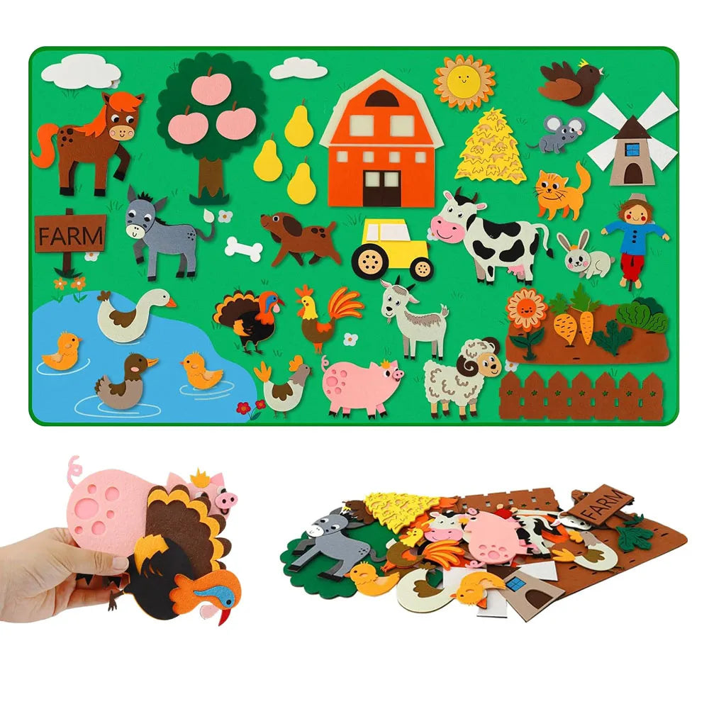 The Farm Animals Felt Story Board Set Interactive Play Kit for Toddlers (Color E) features a farm scene with animals, barn, trees, pond, windmill, and loose felt animal pieces like a turkey for interactive early learning play.