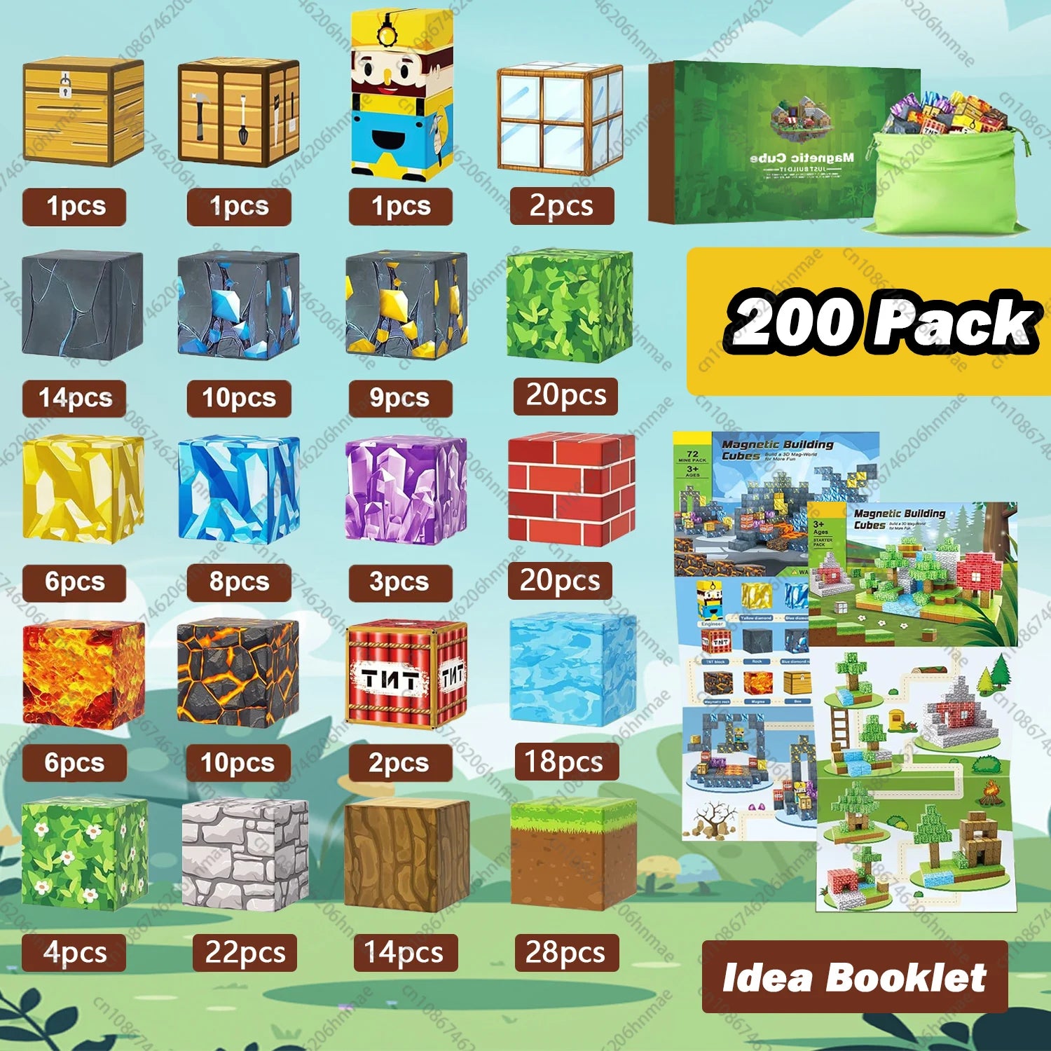 A vibrant layout showcases the Magnetic Building Blocks Mine World Magnet Cube Set for Kids (SJJ-YSSL-200PCS), featuring assorted cubes, a green storage bag, Idea Booklet, and 200 Pack label—an ideal Montessori STEM sensory toy gift.