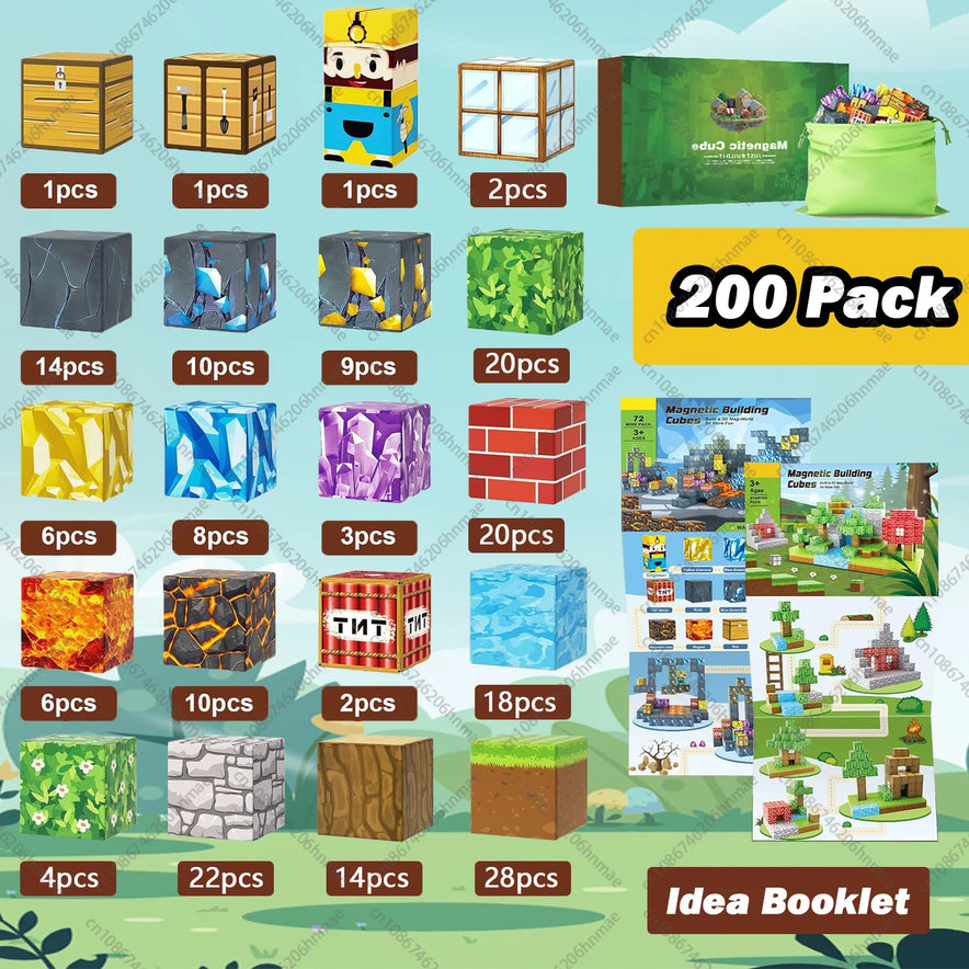 A vibrant layout showcases the Magnetic Building Blocks Mine World Magnet Cube Set for Kids (SJJ-YSSL-200PCS), featuring assorted cubes, a green storage bag, Idea Booklet, and 200 Pack label—an ideal Montessori STEM sensory toy gift.