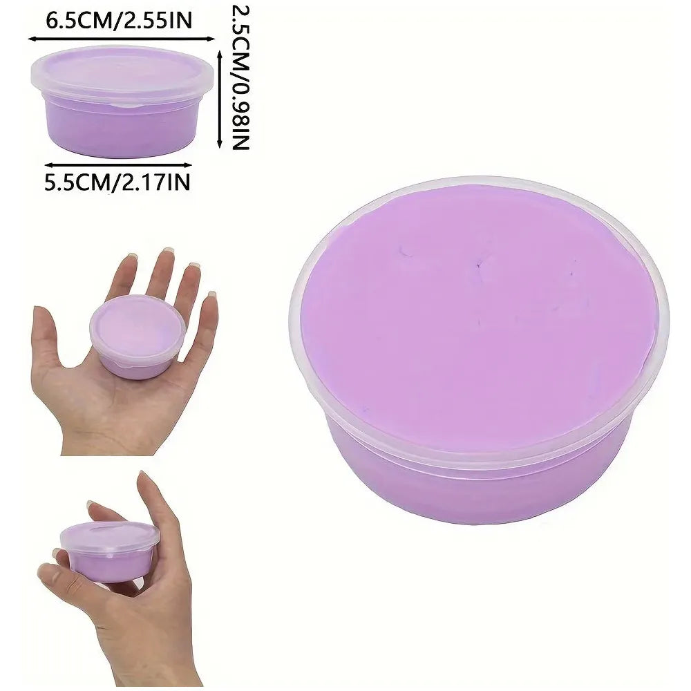 A small container of Sensory 60ml Butter Slime Polymer Putty in PURPLE is shown. With a non-sticky formula, the 2.5 cm high and 5.5 cm diameter container fits easily in hand, highlighting its smooth texture and easy-to-handle size.
