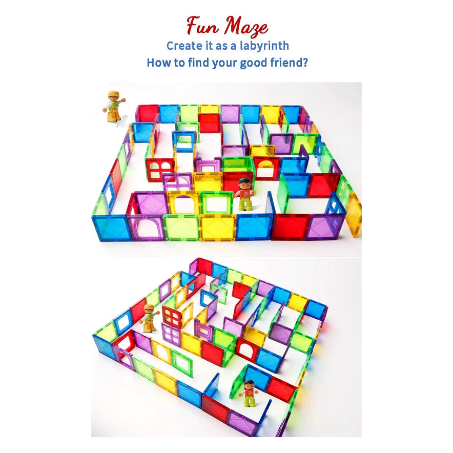The Magplayer Magnetic Construction Blocks for Kids is an educational DIY building set with colorful tiles and two toy figures. The text Fun Maze. Create it as a labyrinth. How to find your good friend? suggests vibrant walls and doors for different STEM learning angles.