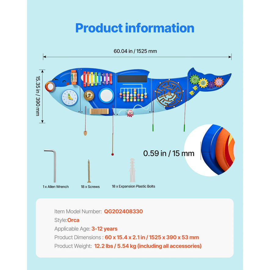The Vevor Orca Kids Wall Busy Board is a Montessori sensory learning toy for ages 3–12, featuring 12 activities in an orca design. It measures 60 x 15.4 x 2.1 inches and includes labeled details, assembly tools, and weights for easy setup.