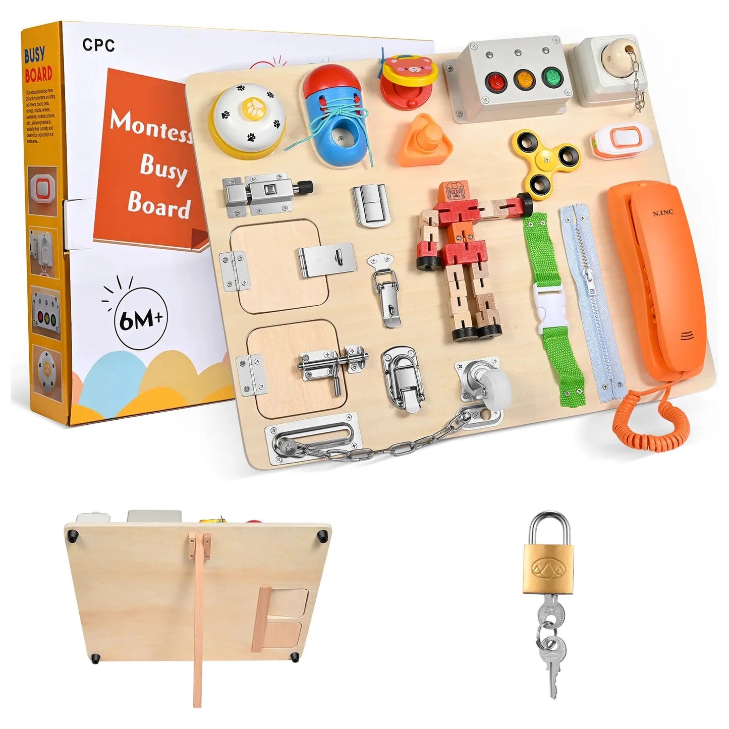 The Interactive Wooden Activity Board for Children is an engaging sensory learning toy featuring various elements: a telephone, gears, locks, switches, and zippers. Part of Montessori Materials, it includes a box labeled Montessori Busy Board 6M+, with a separate padlock and key.