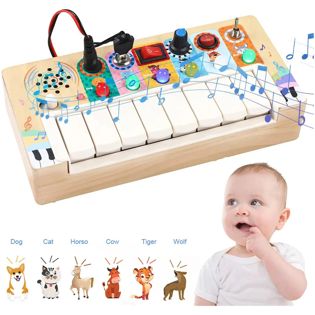 The Multifunctional LED Piano Busy Board for Toddlers, an educational wooden activity toy for boys and girls, features colorful buttons and switches with musical notes above. A smiling baby is depicted alongside animal icons labeled dog, cat, horse, cow, tiger, and wolf to inspire curiosity and fine motor skills.