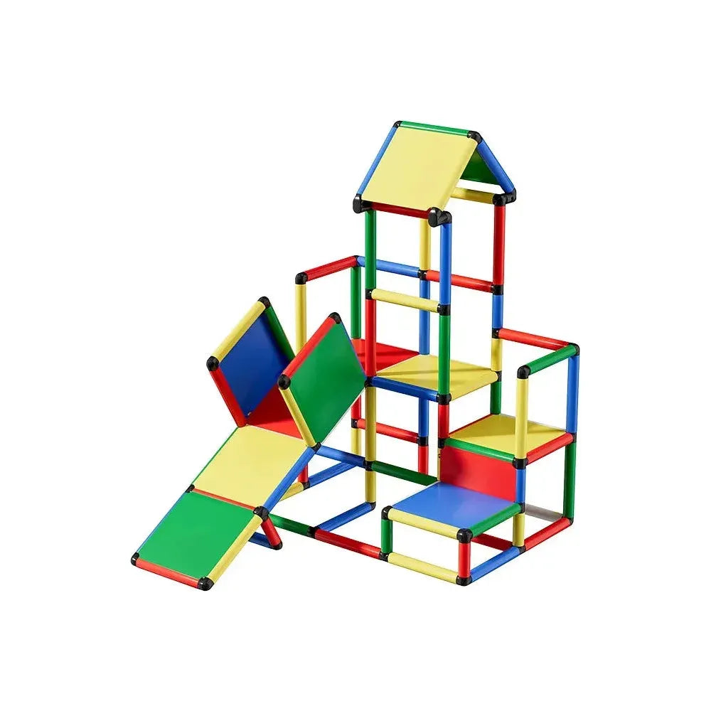 This vibrant toy construction set includes square, triangular, and rectangular panels in red, blue, yellow, and green to create a small house structure. Pair it perfectly with the Indoor Climbing Frame Set for Kids: Slide, Swing & Sensory Play Equipment for added fun and exploration indoors.