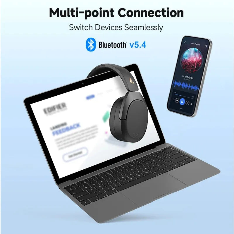 The scene shows a laptop, smartphone with music app, and Edifier W830NB headphones. Text states Multi-point Connection and Switch Devices Seamlessly, featuring the Bluetooth 5.4 logo, highlighting device compatibility and connectivity.