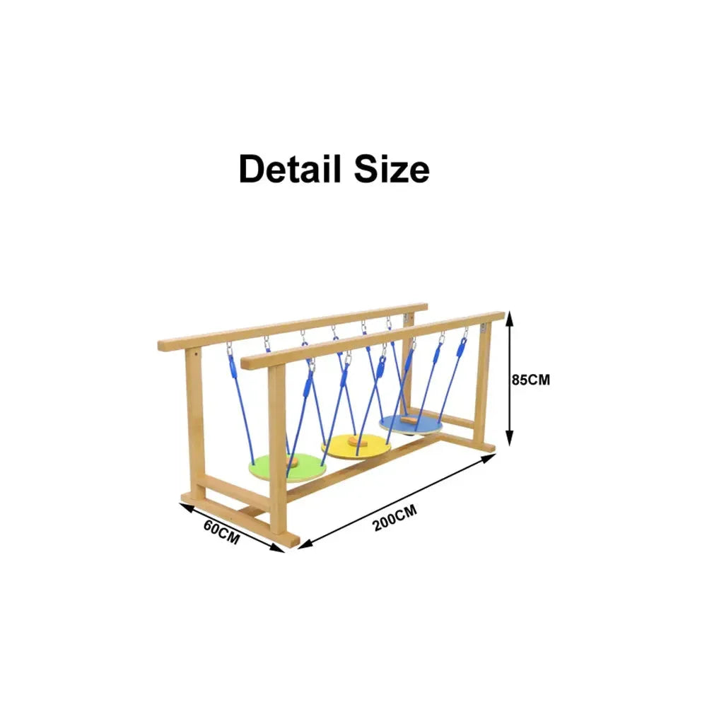 Indoor Wooden Balance Beam Sensory Training Toy for children 3-12 features a swing set with three circular seats in green, yellow, and blue, suspended by blue ropes. Ideal for sensory system training, it measures 85 cm in height, 200 cm in length, and 60 cm in width. Detail Size is noted above the swing.