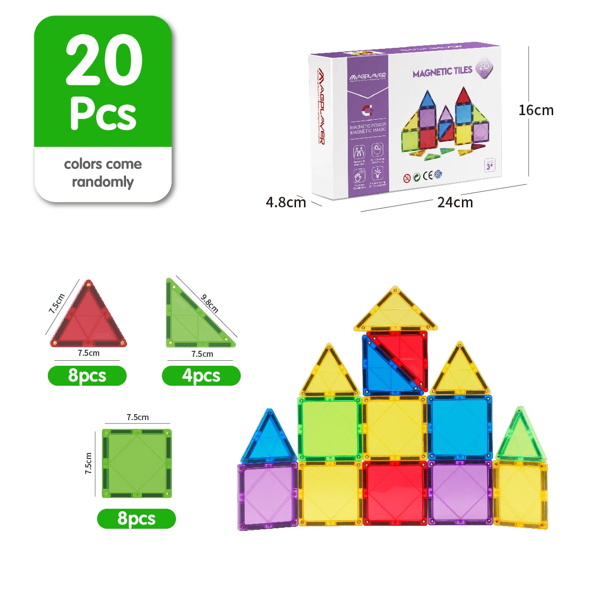 The image displays a set of 20 Magplayer Magnetic Construction Blocks, including 8 small triangles, 4 large triangles, and 8 squares in random colors. Ideal for STEM learning, the box measures 16x24x4.8 cm and inspires endless creative play with its vibrant pieces.