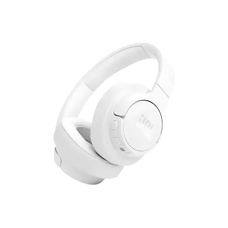 The JBL T770NC white over-ear wireless headphones boast a sleek design with cushioned ear pads and a round logo. They feature advanced active noise cancellation and side control buttons, all highlighted against a simple white background. Enjoy up to 70 hours of playtime.