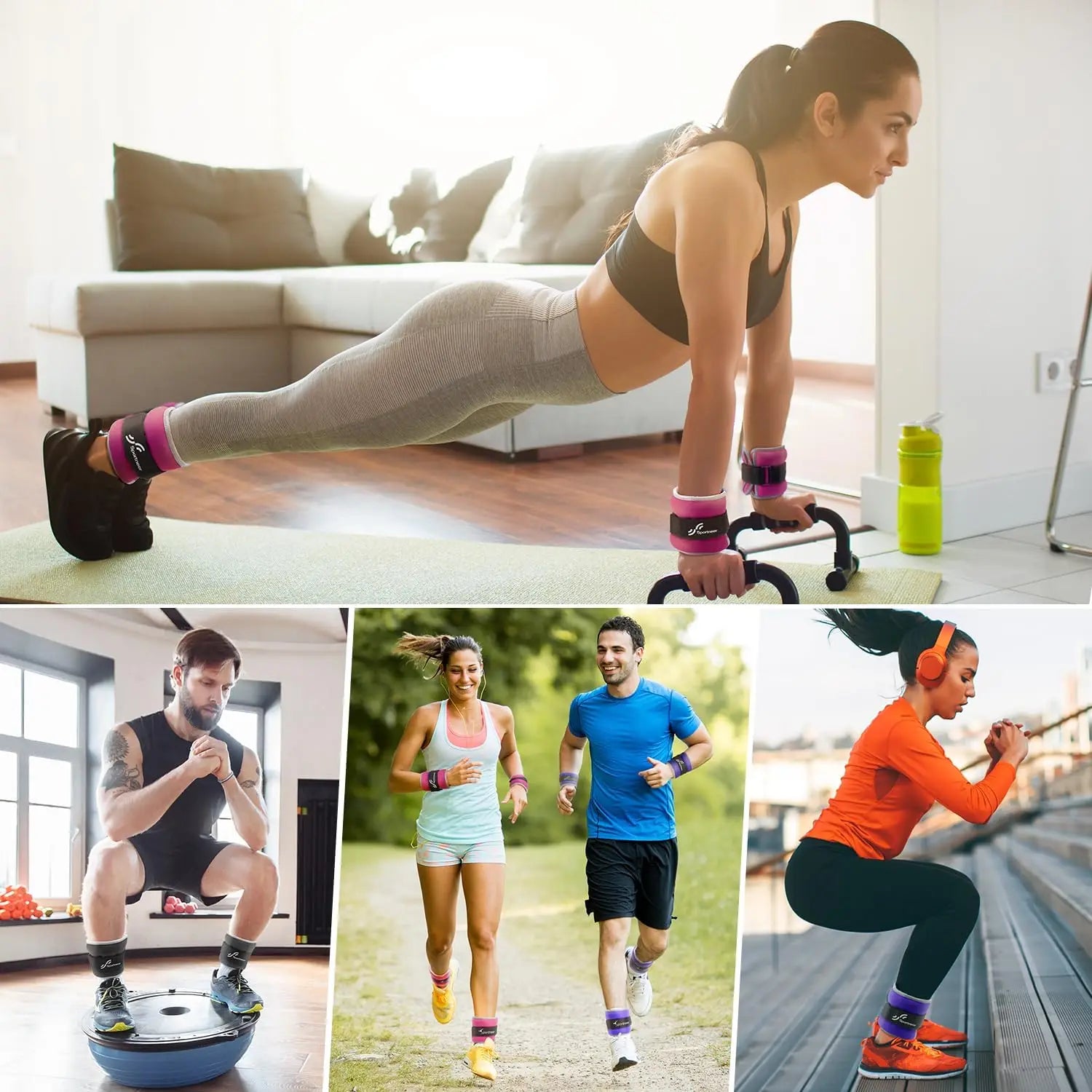 A collage of four fitness images: A woman indoors doing a plank with Sportneer Adjustable Ankle Weights, a man strength training on a balance ball, a couple running outdoors, and a woman outside squatting while listening to music.