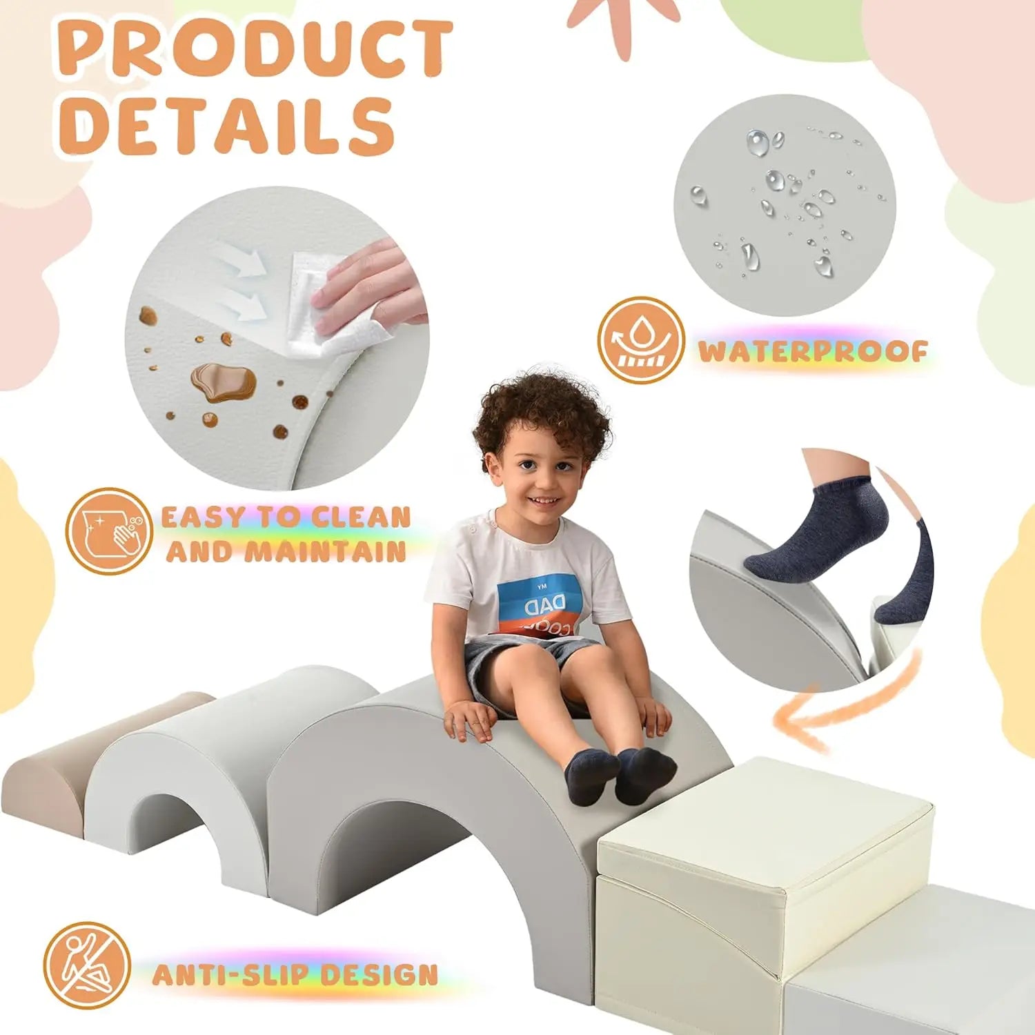 A young child enjoys the Rainbow Soft Play Set—soft foam climbing blocks and a foldable slide for ages 6-12. This unisex, anti-slip set is waterproof, easy to clean, and designed for indoor climbing and crawling fun.