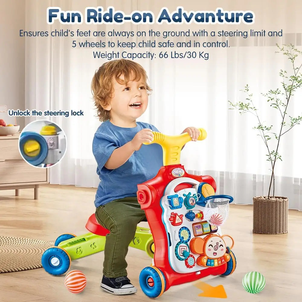 A young child smiles while riding the VATOS Baby Walker 5 in 1, a colorful unisex push walker and scooter with five wheels, yellow handlebar, music buttons, fun designs, and safety instructions shown above.
