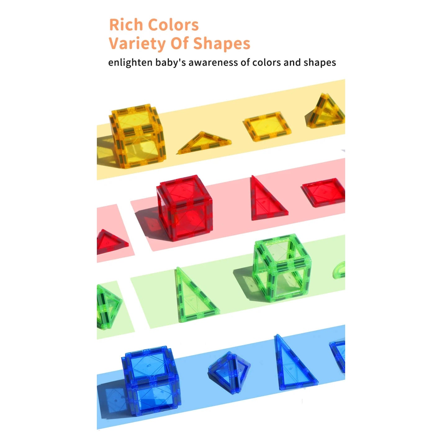 The Magplayer Magnetic Tiles Construction Set displays colorful cubes and triangles in red, yellow, green, and blue with the phrase Rich Colors, Variety Of Shapes, highlighting its role as a Montessori educational toy that fosters cognitive development and boosts color and shape awareness.