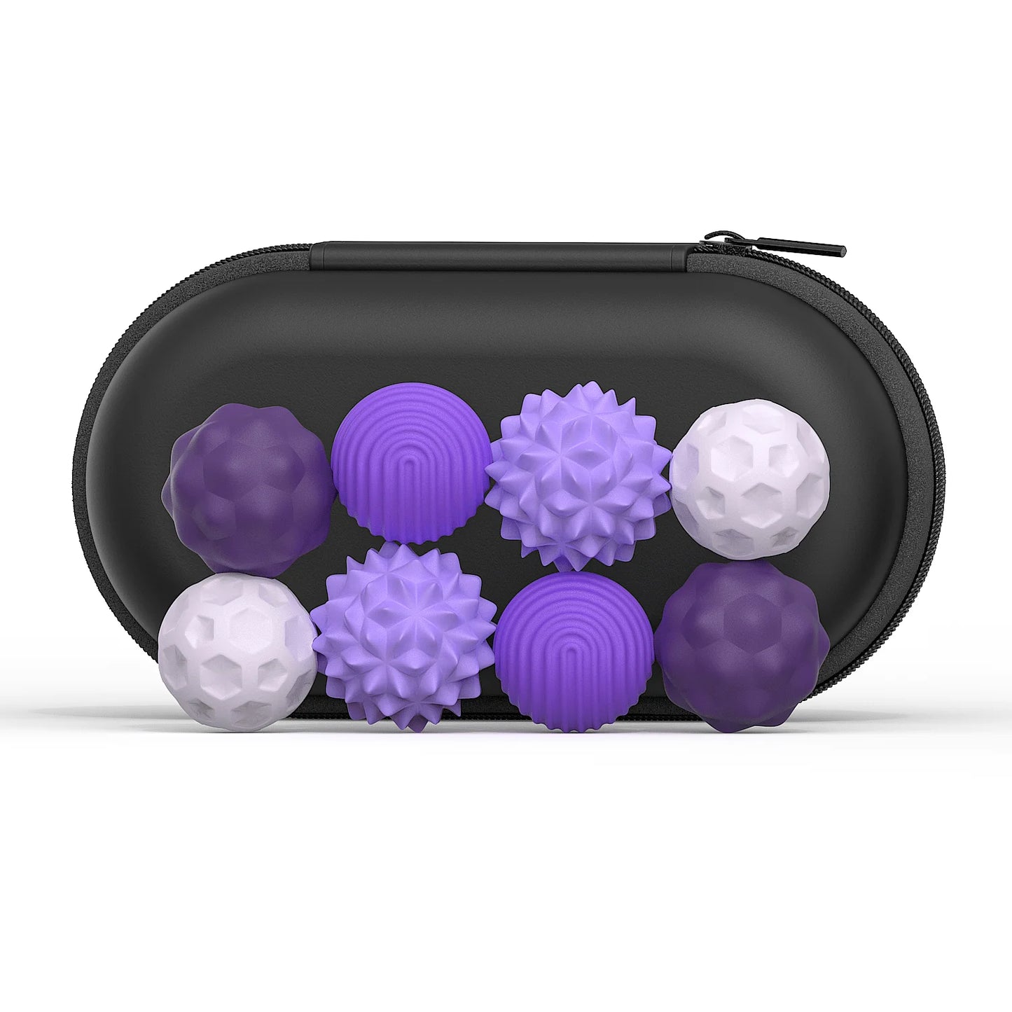 The 4Pcs 8PCS Silicone Magnetic Balls Set in purple includes a black zippered oval case with eight textured silicone magnetic balls, perfect for stress relief and calming restless hands.