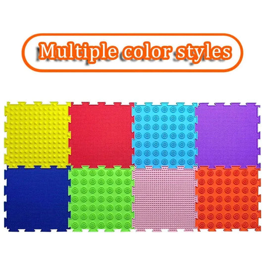 Montessori Sensory Integration Training Balance Stones for Kids offer vibrant hues—yellow, red, aqua blue, and more—in eight colors and textures. Ideal for tactile sensory play to enhance early learning and physical coordination. Text above reads Multiple color styles.
