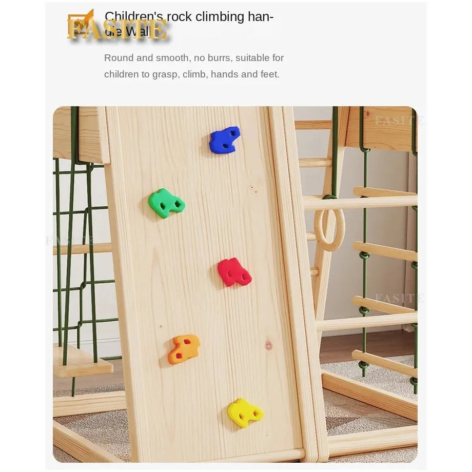 The Versatile Solid Wood Indoor Climbing Frame with Slide and Swing has a childrens climbing wall featuring vibrant red, yellow, green, and blue handholds. It includes netting and climbing elements with a smooth, burr-free finish for safety, ideal for sensory integration activities.