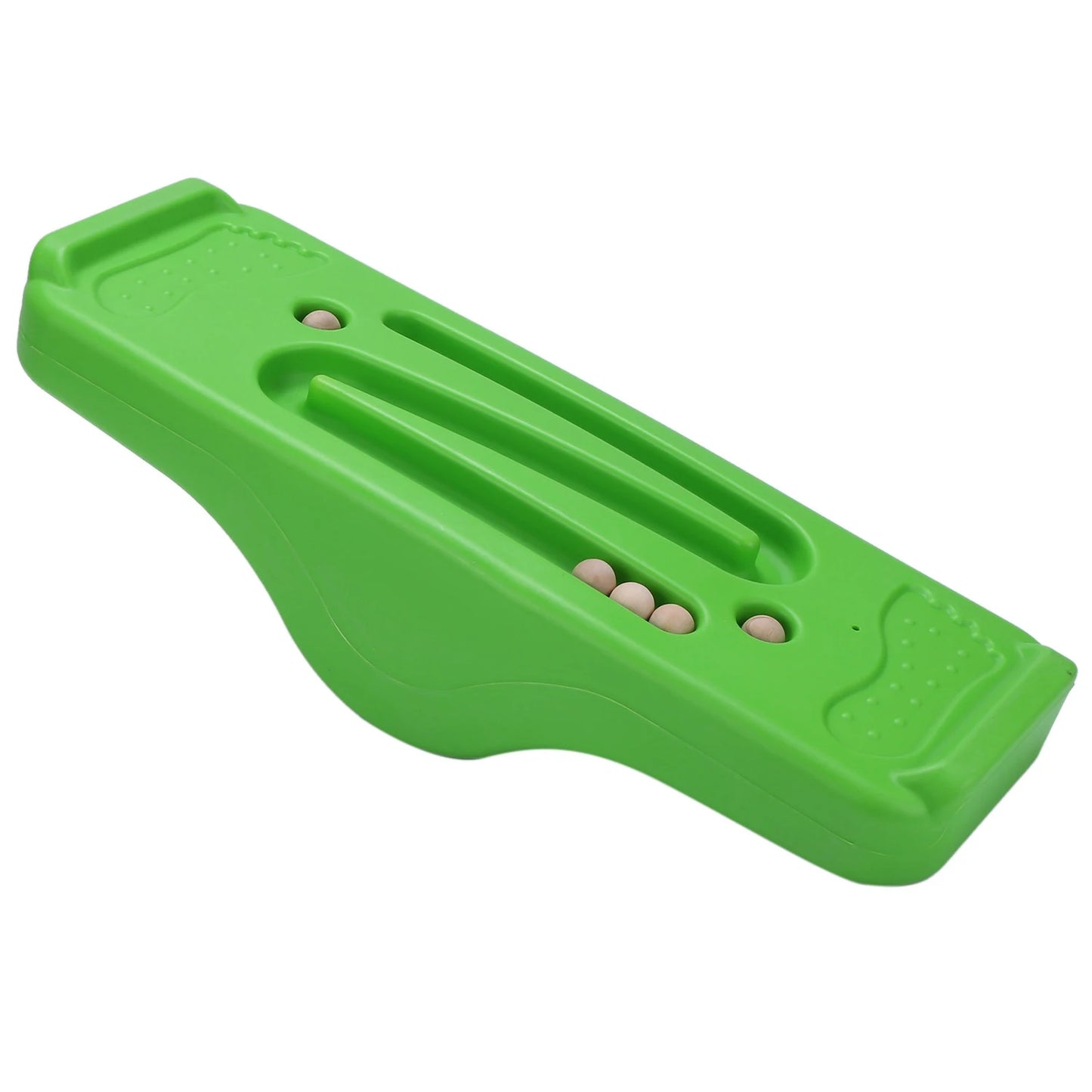 The Versatile Childrens Seesaw and Balance Board, made from green plastic with grooves and beige balls inside, is perfect for active play. Its curved design and textured footprints at each end enhance sensory development and balance skills. Ideal for both indoor and outdoor use.