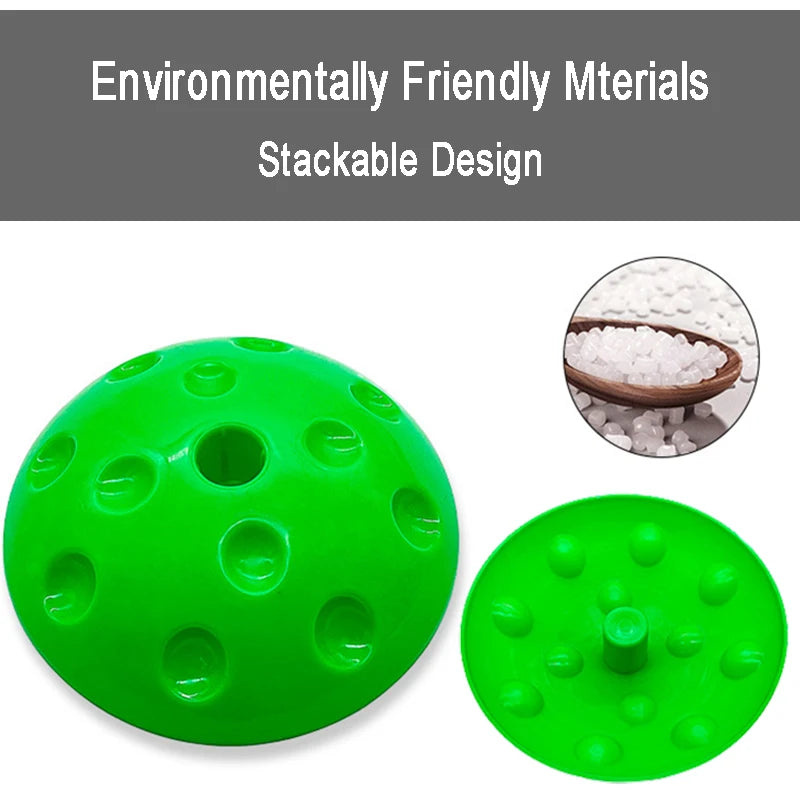The Montessori-Inspired Kids Balance Stepping Stones are green and dome-shaped with holes, crafted from eco-friendly materials to enhance sensory and motor skills. A small inset image shows white pellets in a scoop, with text reading: Environmentally Friendly Materials and Stackable Design.