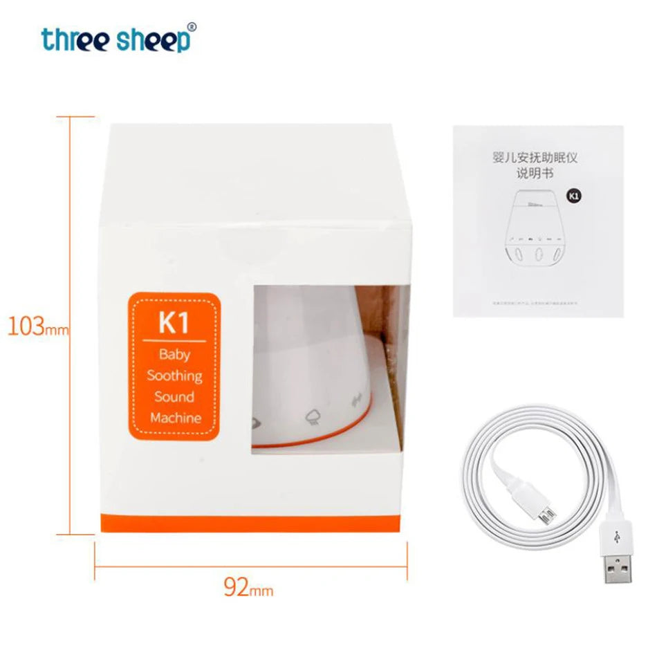 Image of a Smart Baby Sleep Helper packaged in a white and orange box, featuring relaxing sound therapy. Includes user manual and USB charging cable. Box dimensions are 103mm high and 92mm wide for compact convenience.