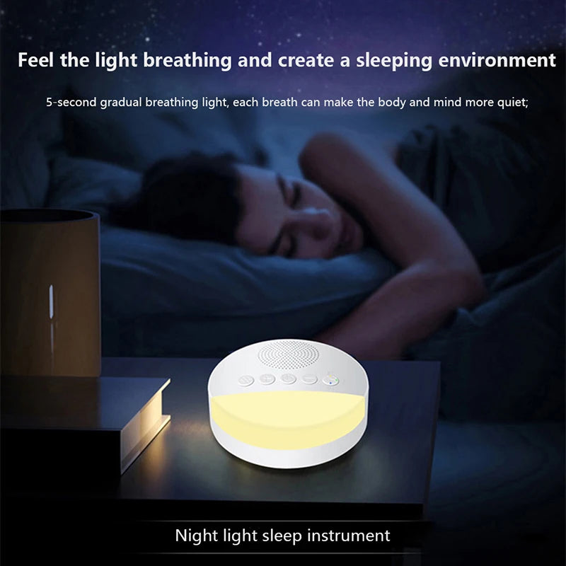 A woman sleeps beside a glowing Baby White Noise Machine USB Rechargeable Sleep Sound Player with Night Light and Timer, highlighting its calming light-breathing feature and soothing sounds for a restful nights sleep.