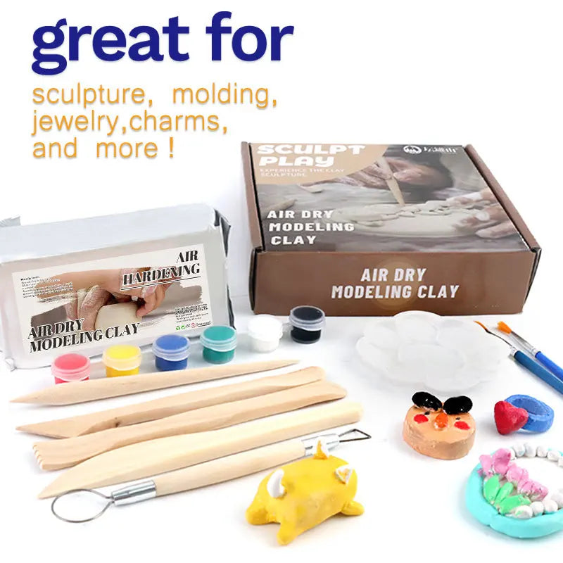 The No-bake Air-dried Shaping DIY Plasticine Clay Set includes tools, paint, and samples like a yellow creature and donut. Its versatile packaging is ideal for sculpture, molding, jewelry, and charms, offering endless creative possibilities with 12 colors of paint as an educational toy gift.