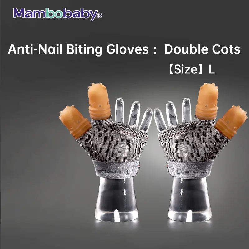 Mambobaby Anti-Nail Biting Gloves feature silicone finger cots and dual rubber tips for each finger, ideal for curbing thumb sucking. Available in size L, they are shown on a gray background.