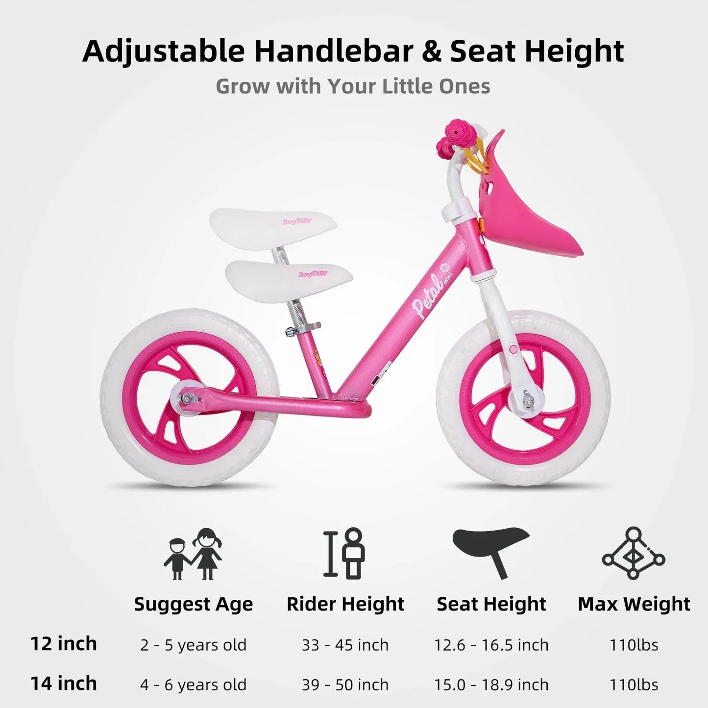 The pink balance bike has white wheels, a charming flower pattern on a steel frame, adjustable handlebars and seat for ages 2-5 (12) and 3-6 (14), with a max capacity of 110 lbs. The Lightweight Kids 12/14 Balance Bike includes a footrest and handlebar basket, ideal for ages 18 months to 6 years.