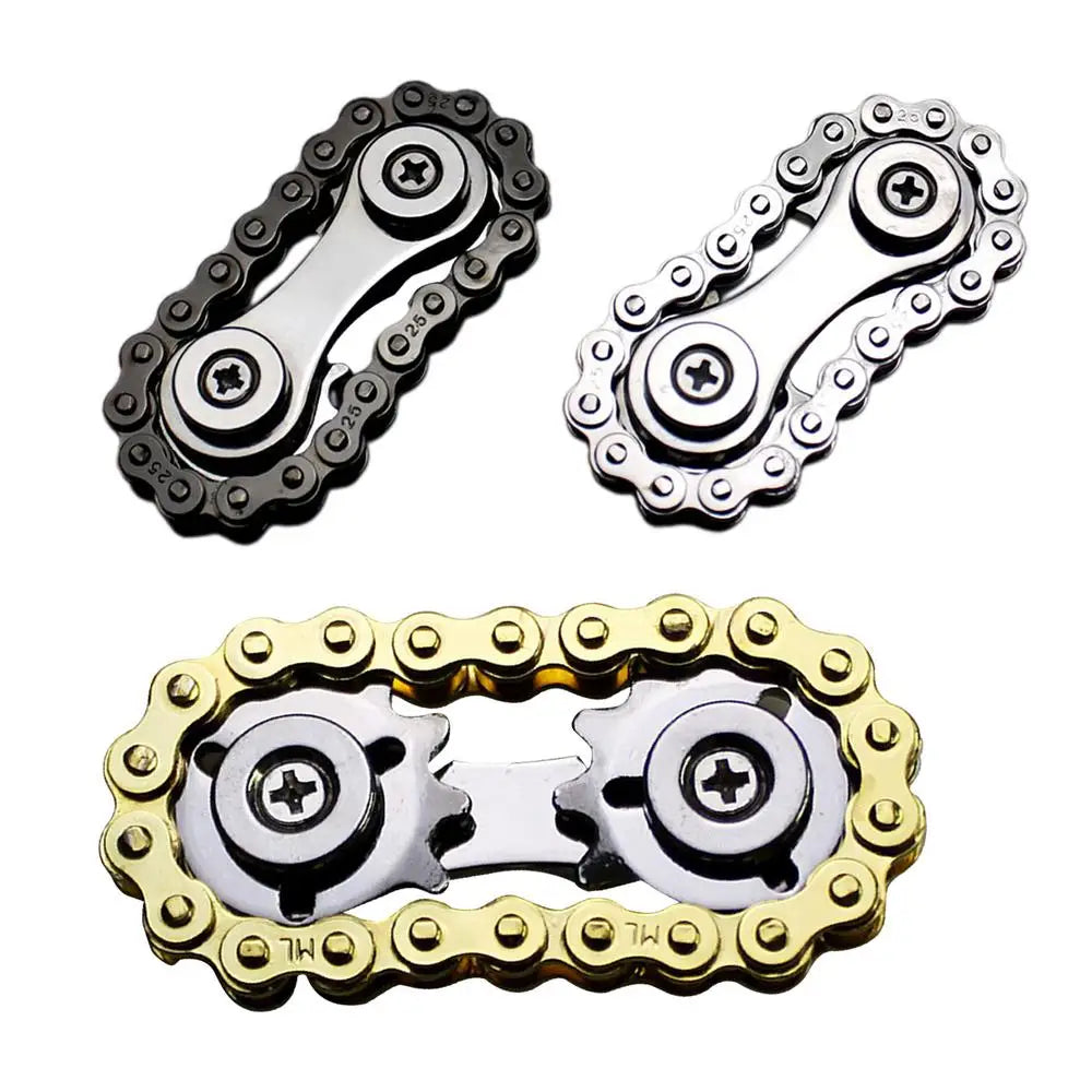 The Sprockets Flywheel Fingertip Gyro features a durable metal design with double sprocket sets and black, silver, and gold rotating chains. Ideal for spinning and stress relief, its perfect for dropshipping enthusiasts seeking unique EDC toys for adults and kids.