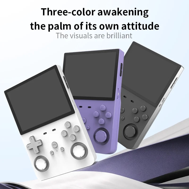Three L35 Retro Handheld Open Source Emulator consoles in white, purple, and black are displayed upright. Each showcases a screen, directional pad, buttons, and joysticks. Text above reads: “Three-color awakening the palm of its own attitude.”.