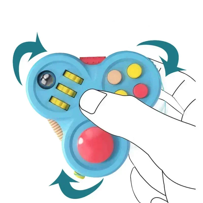 A hand holds a blue Rotating Magic Bean Adult Antistress Fidget Toy made of durable ABS, featuring buttons, switches, and textures. Blue arrows show motion. Ideal for kids ages 3-6 and stress relief for autism or ADHD.