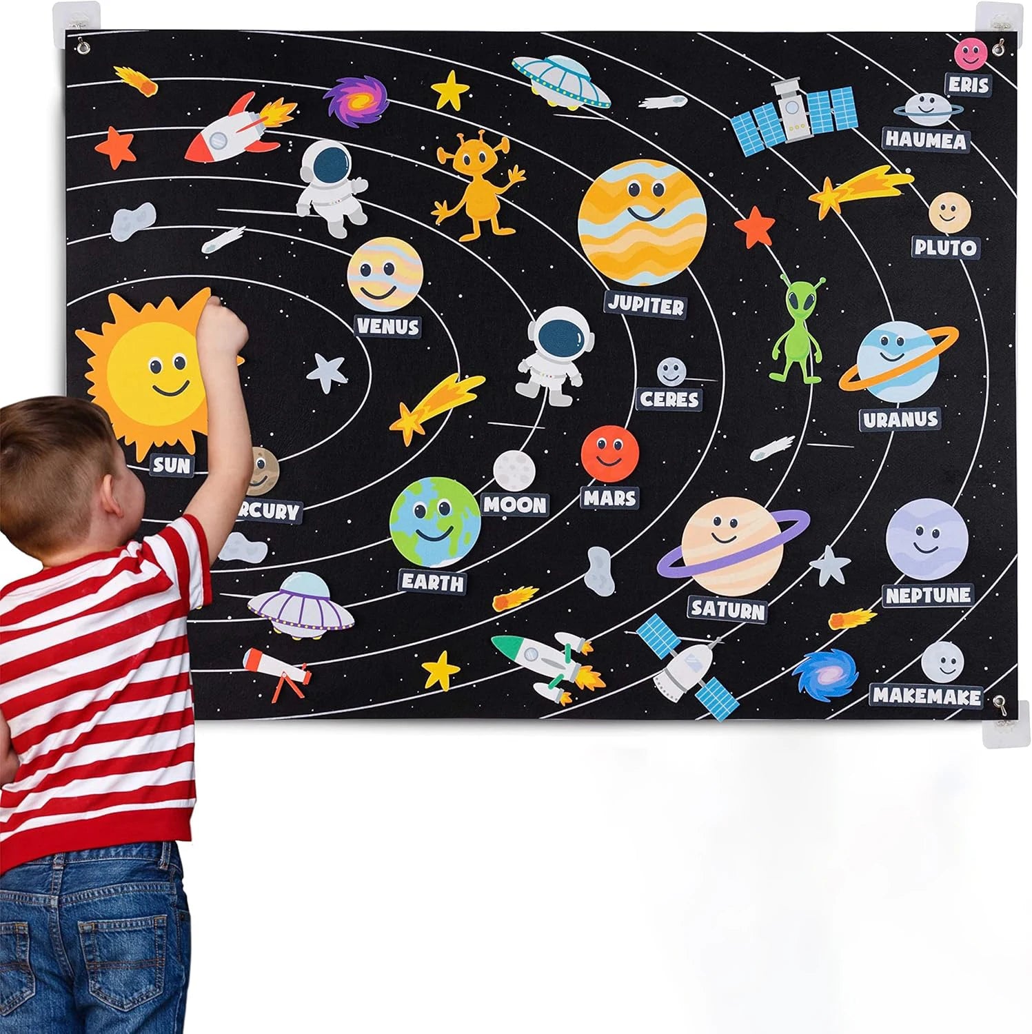 A young boy points at a Farm Animals Felt Story Board Set featuring cows, pigs, chickens, and more on a colorful background for interactive early learning educational fun.