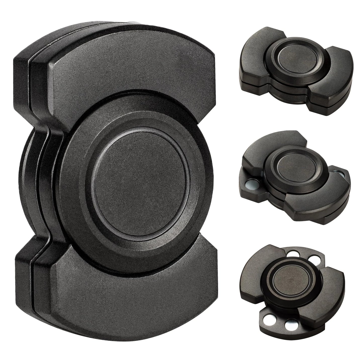 Four Stainless Steel 3 in 1 Fidget Spinner and Slider Combos with Click Button are arranged on a white background: the largest is on the left, and three smaller designs with varied holes are displayed vertically on the right.