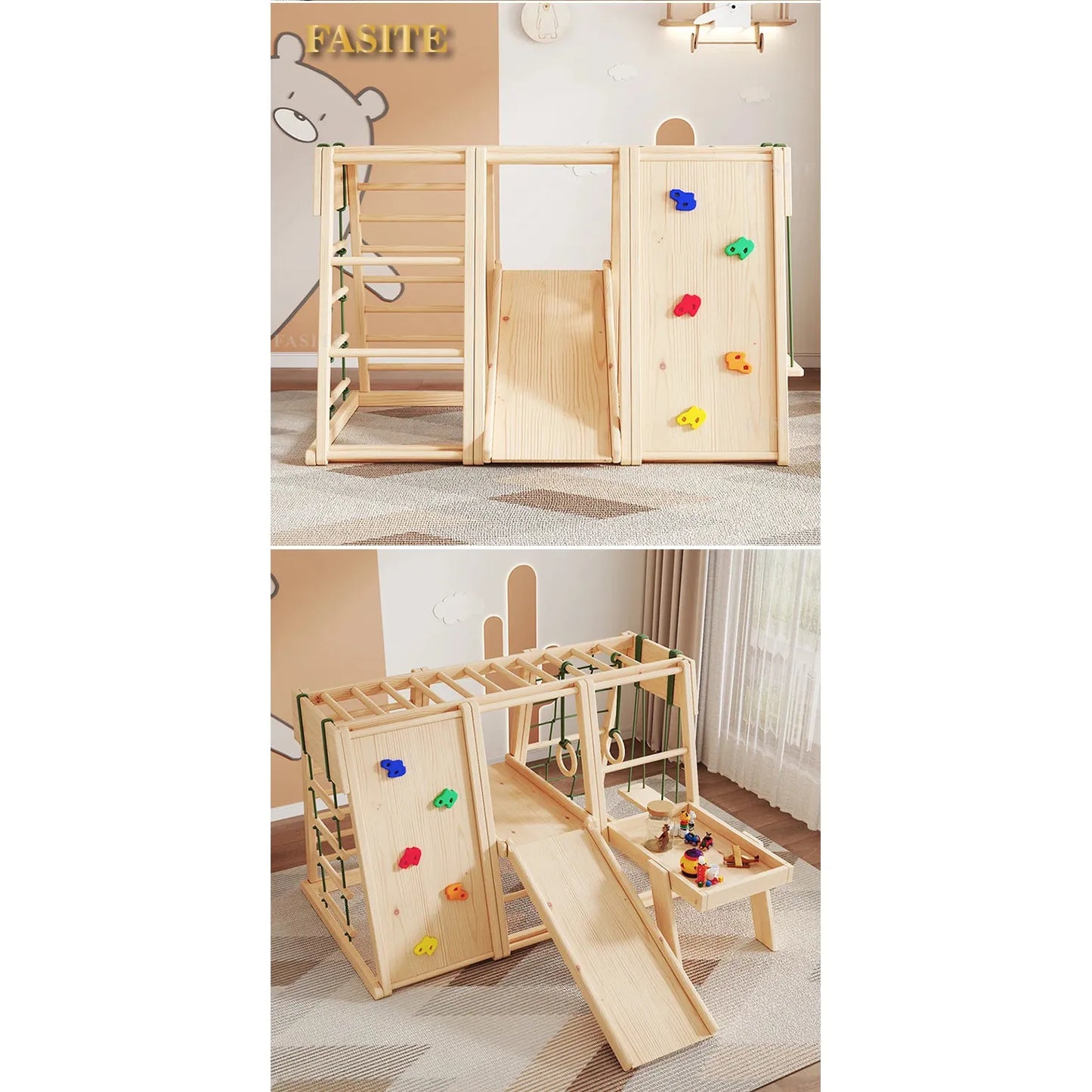 The Versatile Solid Wood Indoor Climbing Frame with Slide and Swing for Kids’ Sensory Development boasts a climbing frame, slide, and colorful climbing wall grips. It’s set in a beige, bear-themed room with sheer curtains framing a large window.