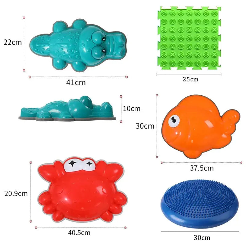 Explore Montessori Sensory Integration Foot Toys for Kids, designed for sensory and balance enhancement. The set includes a green crocodile (41x22cm), blue turtle (30x10cm), orange fish (37.5cm wide), red crab (40.5x20.9cm), green textured square (25x25cm), and a blue circle (30cm).