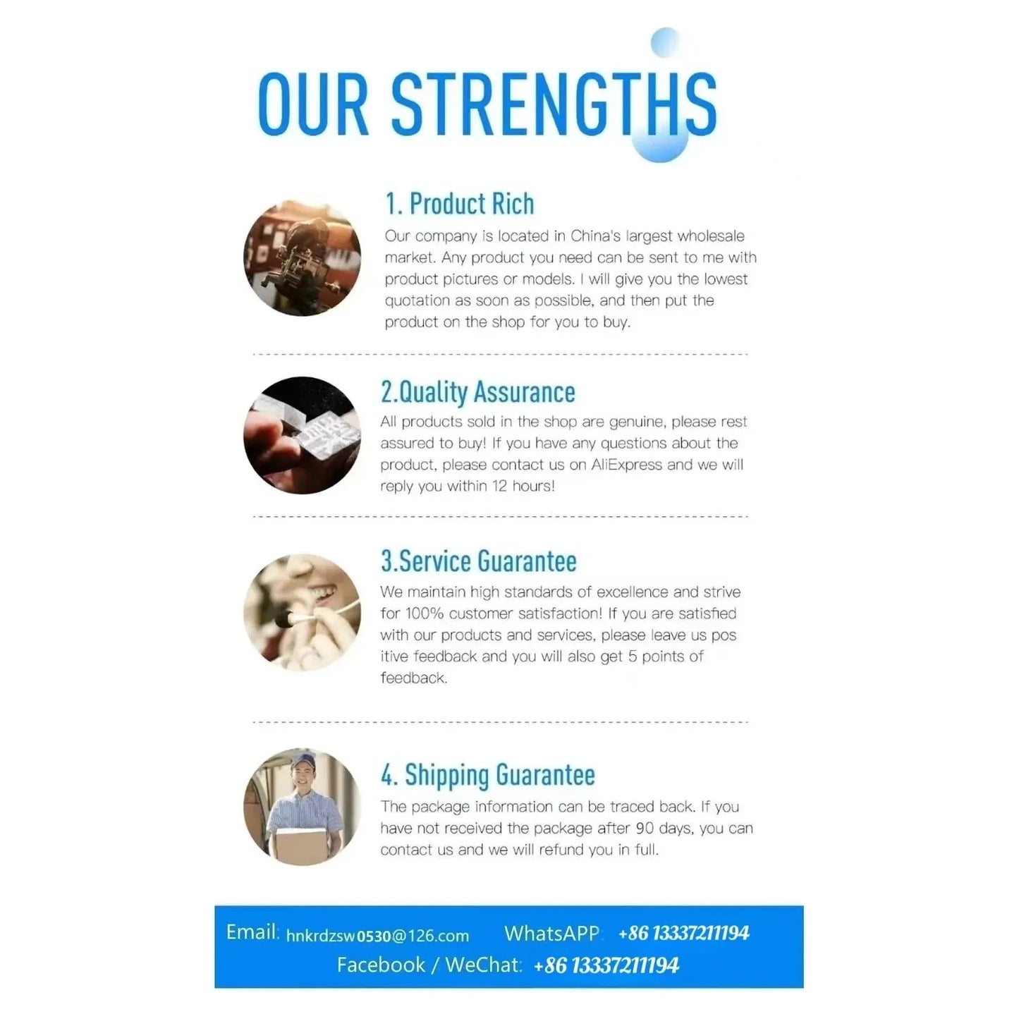 Infographic titled Our Strengths: 1) Product Rich - offering items like the Indoor Sensory Fitness Ladder for Kids, 2) Quality Assurance - details refund policy, 3) Service Guarantee - focuses on customer support, 4) Shipping Guarantee - provides traceable delivery. Includes contact info.