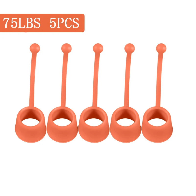 Five orange Forearm Grip Strengtheners, each with a flexible stem, are lined up against a white background. These silicone tools enhance hand strength. The text 75LBS 5PCS is displayed in the upper left corner.