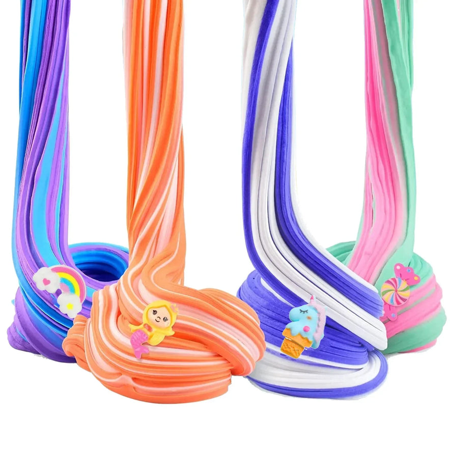 The Slime Fluffy Kit for Enfant offers colorful, stretchy slime in orange, purple, blue, white, and pink with charms like a rainbow or ice cream. This safe, non-toxic 6-piece set features playful textures and swirls for vibrant DIY plasticine fun.