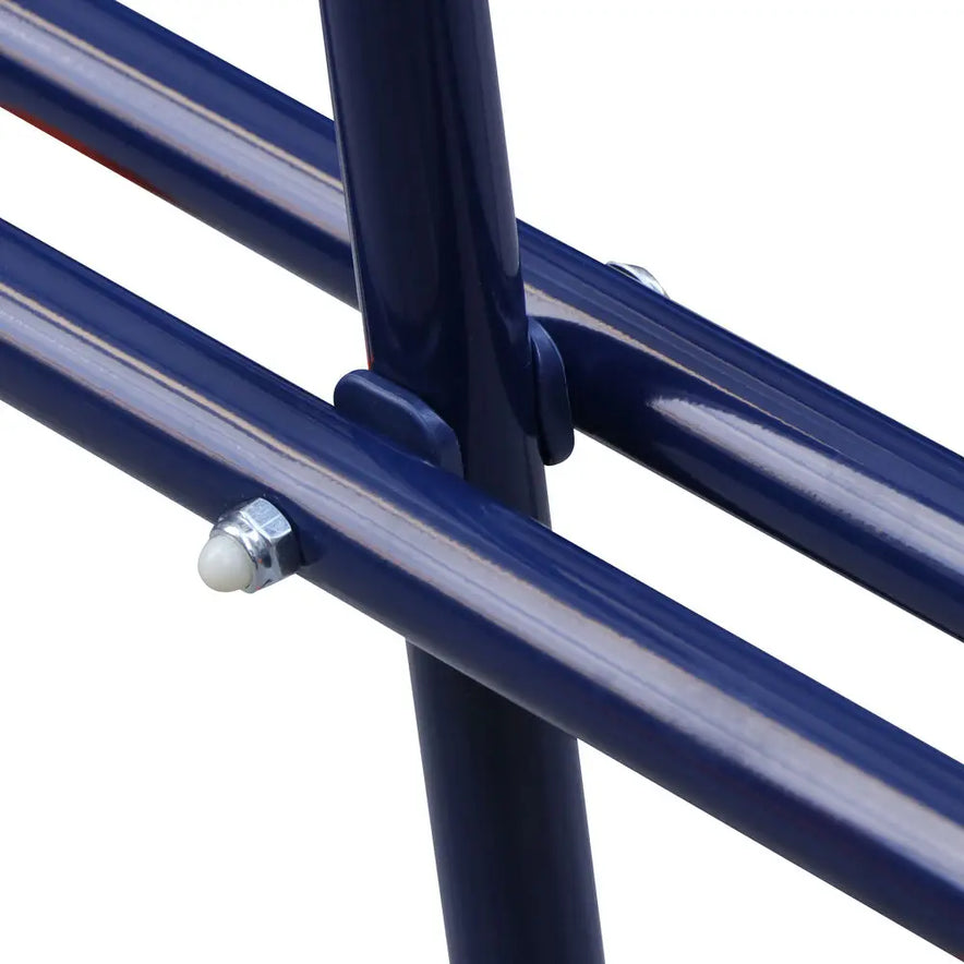 Close-up of intersecting blue metal tubes connected with bolts, part of the Durable Double Swing Set Garden Swing with 1 Seesaw Set for Children Garden.