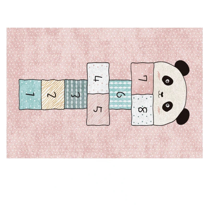The Childrens Play Hopscotch Carpet (Color: 06) features numbered blocks 1-8 forming a panda design on a pink background. This anti-slip, large-area rug adds playful charm and is perfect for living rooms or kids rooms.
