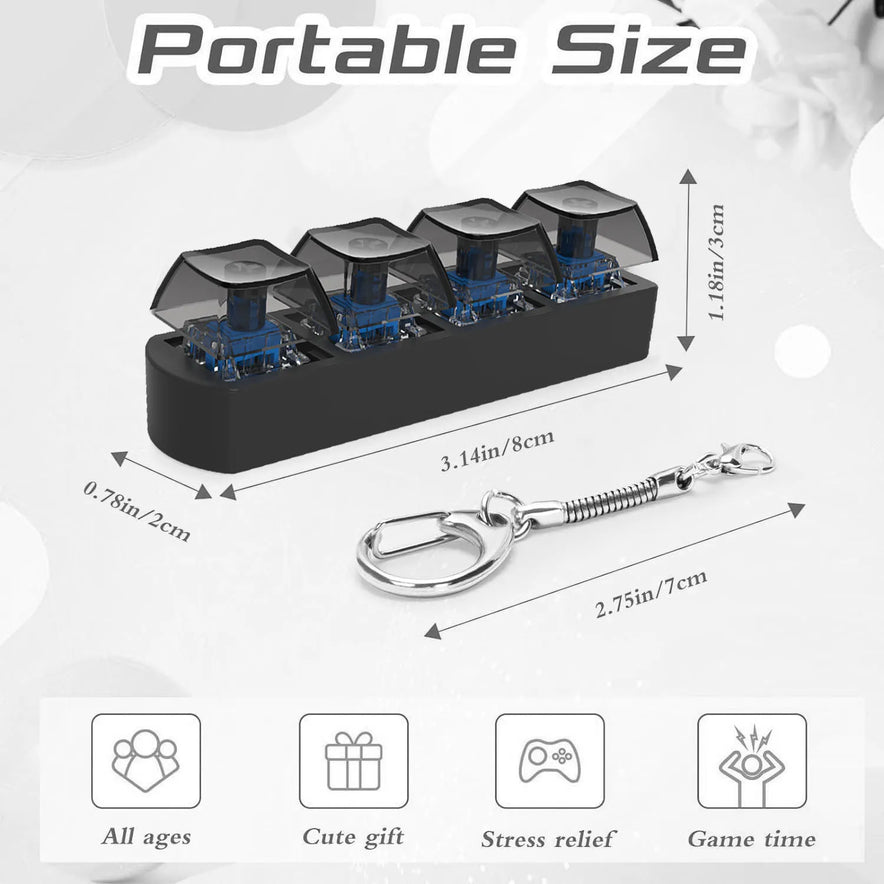 The 4Keys Finger Button Anti Stress Toy is a small black keychain with four mechanical keyboard keycaps, shown with labeled dimensions. Icons highlight its suitability for all ages as a cute gift, anti-stress toy, and stress relief accessory.