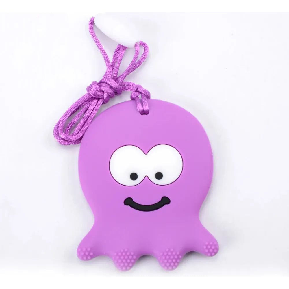 A purple silicone teether octopus pendant with a friendly face, large eyes, and smile hangs from a purple cord, serving as the ideal Sensory Chewable Necklace for Kids and perfect for oral motor therapy for Autism and ADHD.