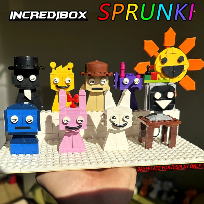 A hand holds the New Moc Incredibox Sprunki Building Blocks Set (356pcs), featuring colorful, blocky characters from the horror anime music game. “INCREDIBOX SPRUNKI” is at the top; “BASEPLATE FOR DISPLAY ONLY” appears below.